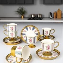 KOSOVA Yaldızlı 6 Kişilik Porselen Türk Kahve Fincan Takımı – 90 ml Çiçek Desenli