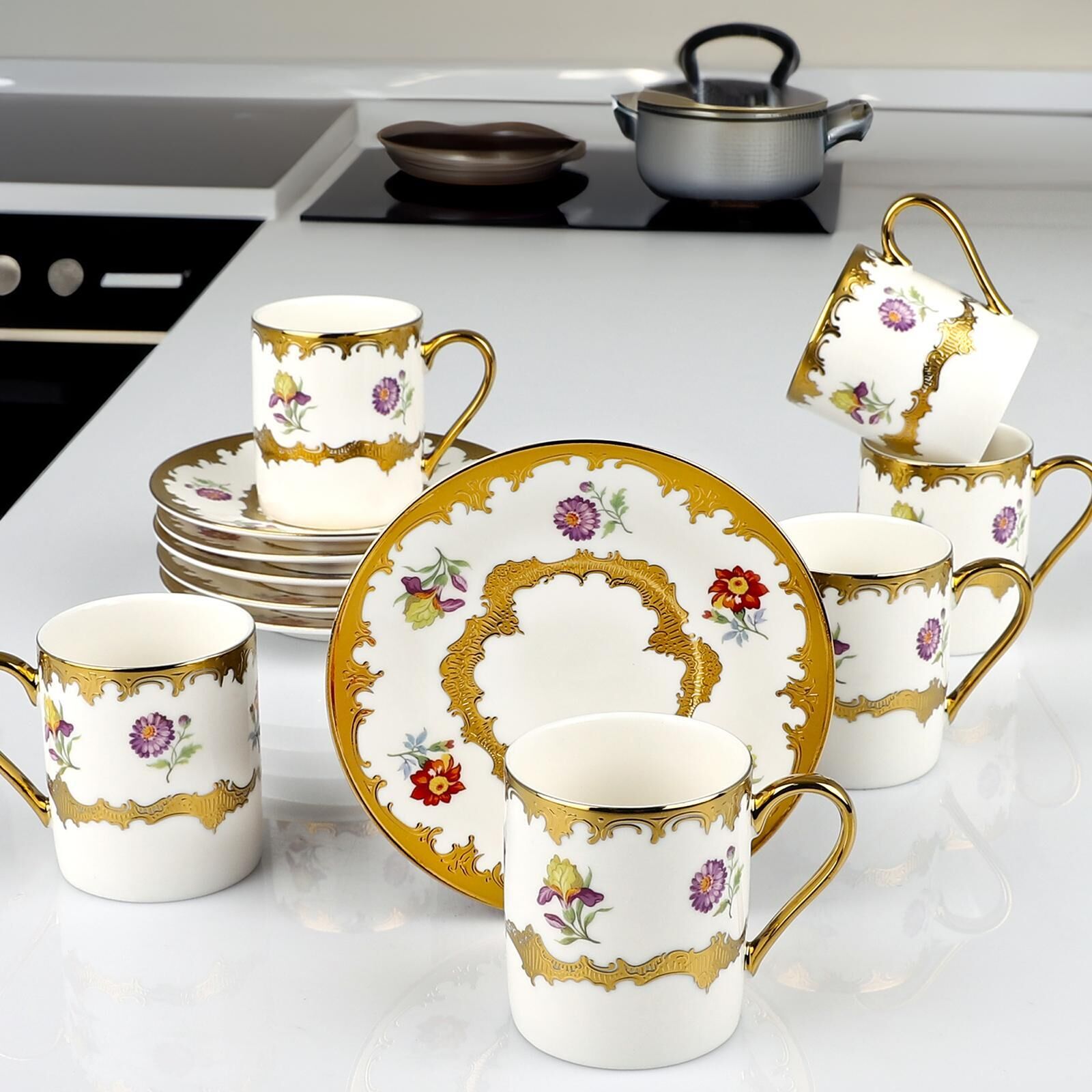 Kosova 90 cc 6’lı Yaldızlı Çiçekli Türk Kahve Fincan Takımı