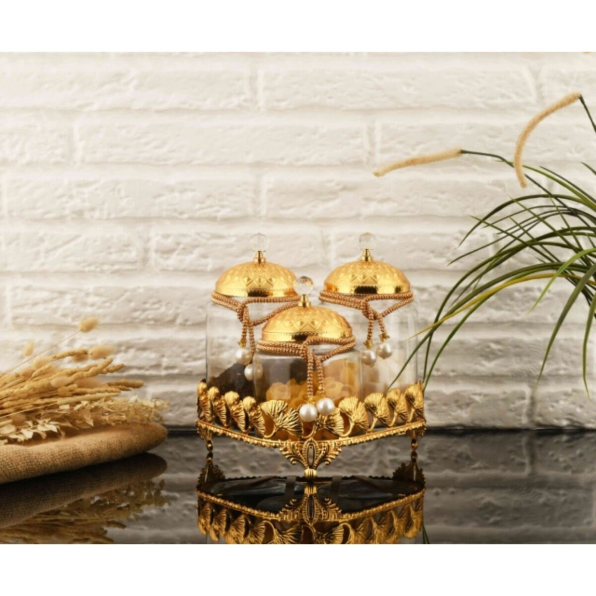 LEİLA 3’lü Altın Kapaklı Söz Kavanozu Seti – Çay-Kahve-Şeker Sunum Seti