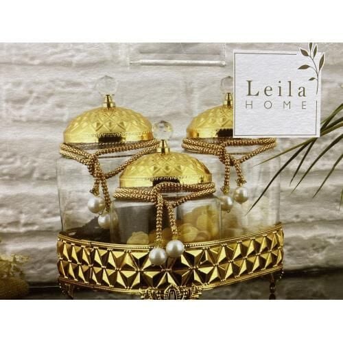 LEİLA 3’lü Altın Kapaklı Söz Kavanozu Seti – Çay-Kahve-Şeker Sunum Seti
