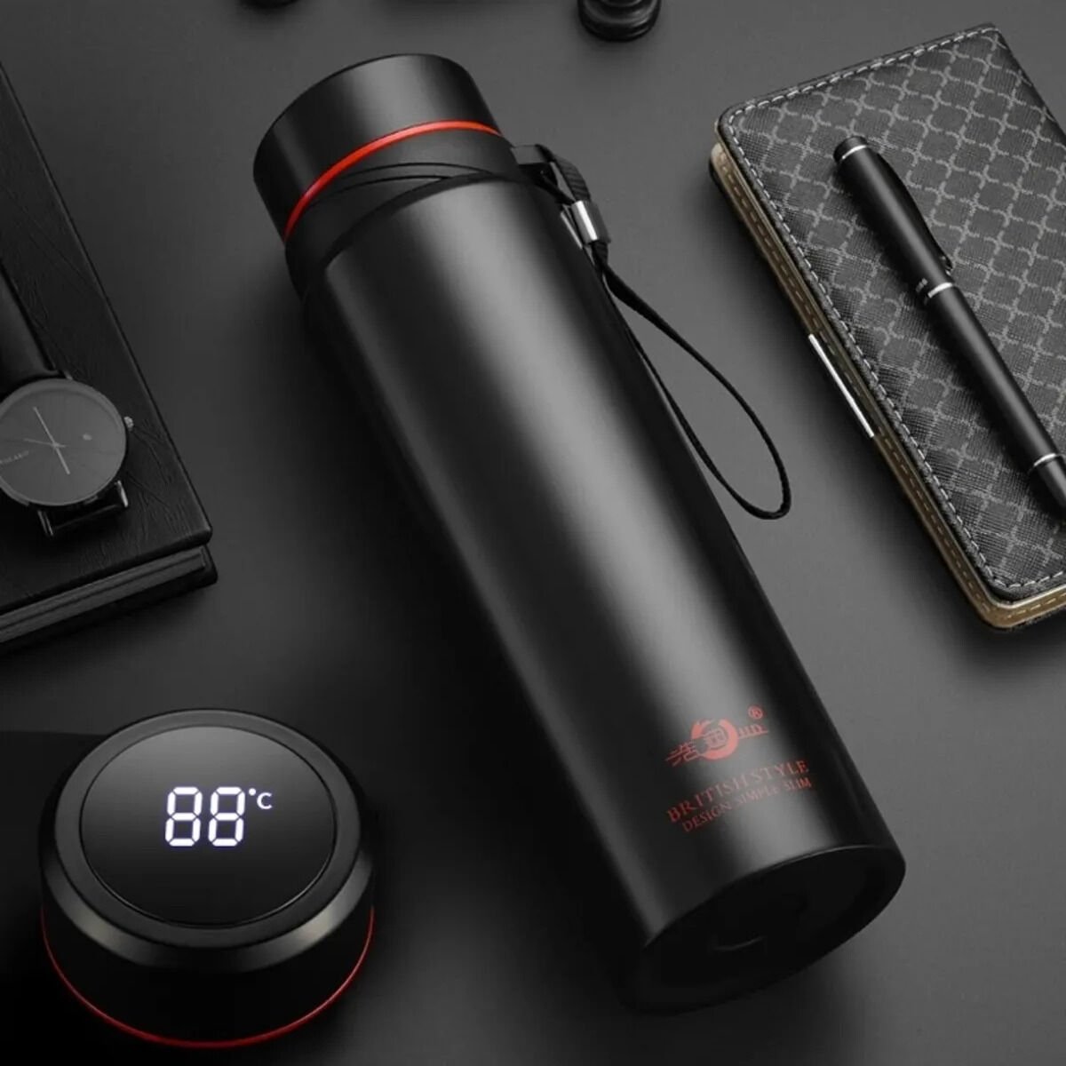 ENFA British Style Siyah Dereceli Paslanmaz Çelik Isı Göstergeli Termos 1200ml Enf-233