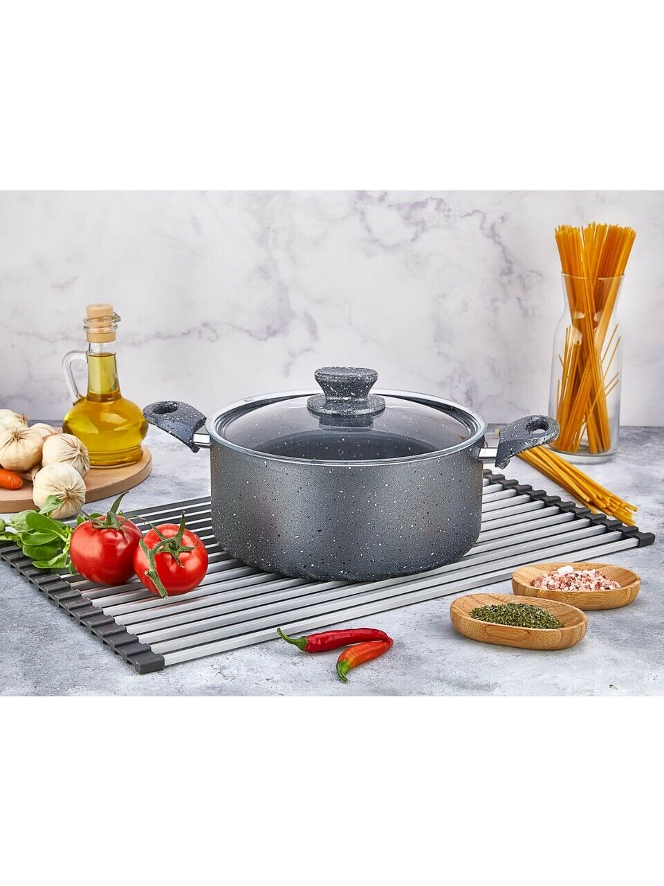 Polo Chef Fiesta Granit Gri Derin Kapaklı Tencere Yanmaz Yapışmaz 24CM