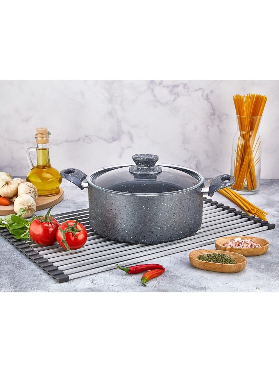 Polo Chef Fiesta Granit Gri Derin Kapaklı Tencere Yanmaz Yapışmaz 22CM