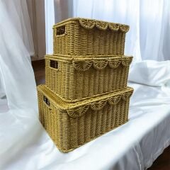 Mien 3’lü Dikdörtgen Kapaklı Rattan Sepet Seti – Doğal, Şık ve Çok Amaçlı Saklama Çözümü