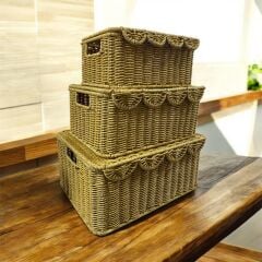 Mien 3’lü Dikdörtgen Kapaklı Rattan Sepet Seti – Doğal, Şık ve Çok Amaçlı Saklama Çözümü
