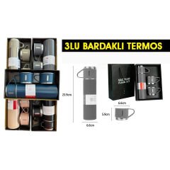 ENFA Paslanmaz Çelik Termos Sızdırmaz 3 Bardaklı Termos Seti 500 ml Özel Kutulu