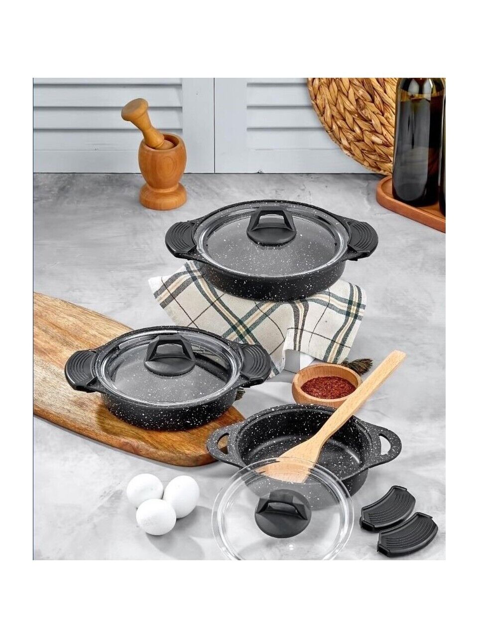 Eda ZK-900 Döküm Granit 3'lü Sahan Seti Siyah (6 Adet Silikon Tutamaç Hediyeli)