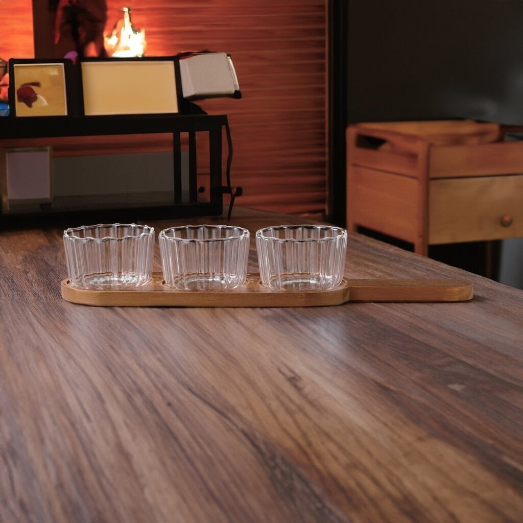 MİEN Akasya Sunumluklu 3’lü Cam Kase Seti