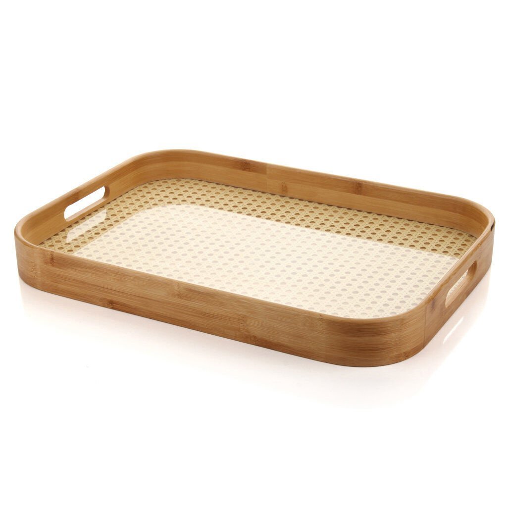 MİEN 46×33 cm Dikdörtgen Bambu Hazeranlı Rattan Tepsi