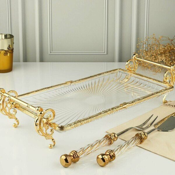 ROYKİNG 32×15 cm Gold Ayaklı Cam Sunumluk – Dekoratif Servis Tepsisi