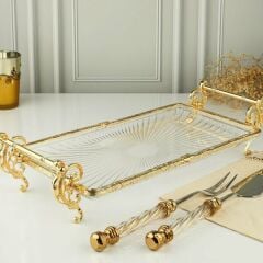 ROYKİNG 32×15 cm Gold Ayaklı Cam Sunumluk – Dekoratif Servis Tepsisi