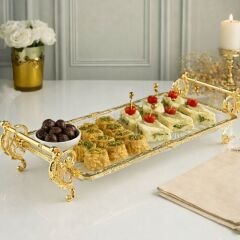 ROYKİNG 37×20 cm Gold Ayaklı Cam Sunumluk – Dekoratif Servis Tepsisi