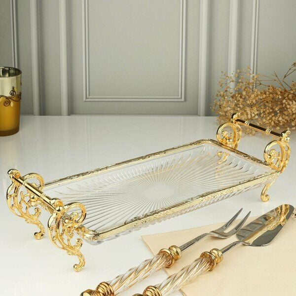 ROYKİNG 37×20 cm Gold Ayaklı Cam Sunumluk – Dekoratif Servis Tepsisi