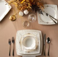 Karaca Mühür Fine Cream 60 Parça 12 Kişilik Porselen Yemek Takımı Gold Kare