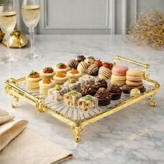 ROYKİNG 25×25 cm Kare Gold Kenarlı Ayaklı Cam Servis & Sunum Tabağı – Şık ve Dekoratif