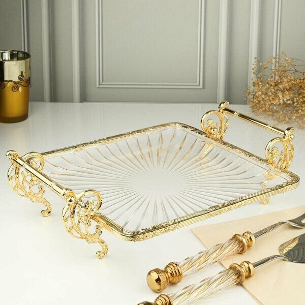 ROYKİNG 25×25 cm Kare Gold Kenarlı Ayaklı Cam Servis & Sunum Tabağı – Şık ve Dekoratif