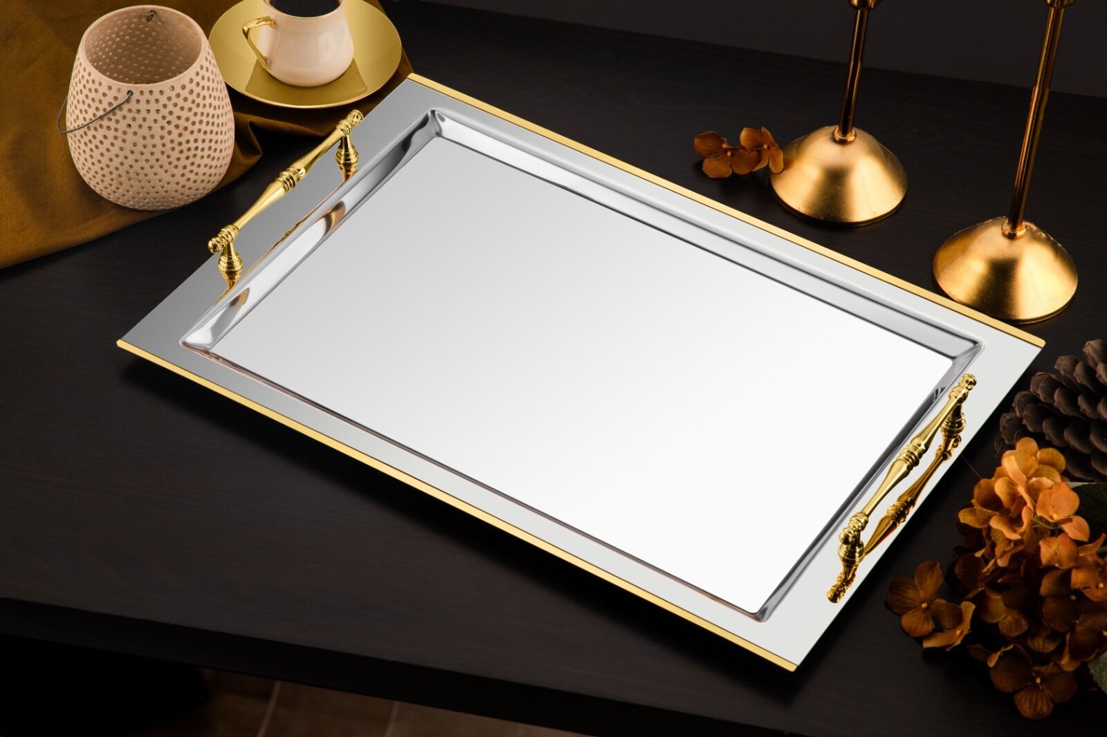 Tiamo Shereen Kordon Gold Kulplu Çay Tepsisi 47,5 × 32,5 cm | Şık ve Modern Sunum Tepsisi