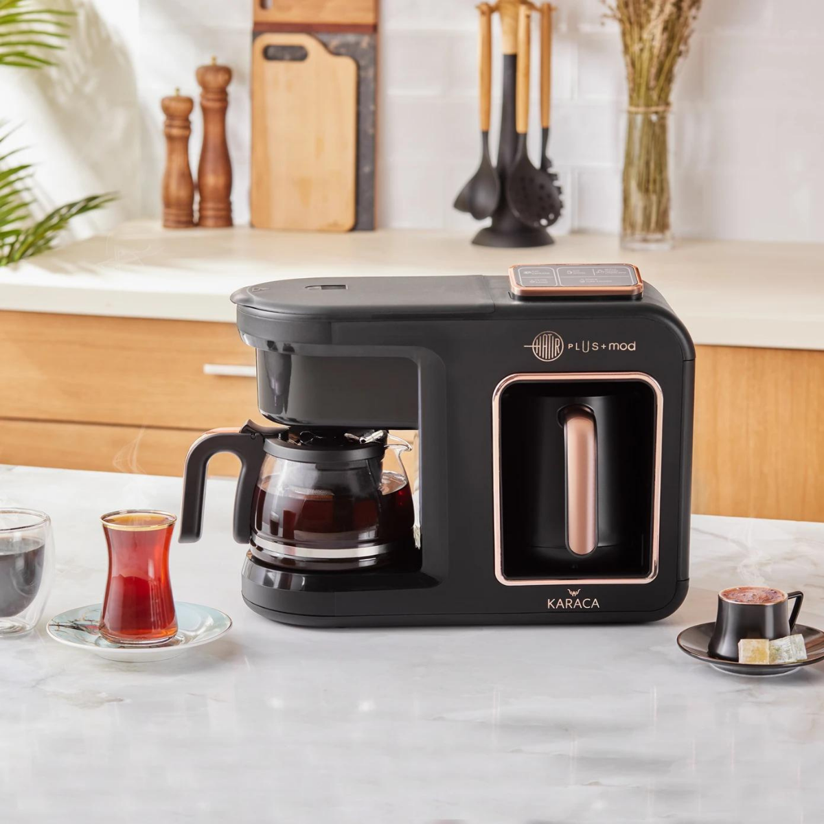 Karaca Hatır Plus 5 in 1 Konuşan Közde ve Sütlü Türk Kahvesi ve Filtre Kahve Makinesi Black Copper
