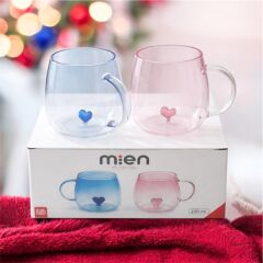 Mien İkili Cam Kupa Seti 250 ml – Kalpli Tasarım Mavi & Pembe Şık Kupa Takımı