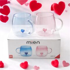 Mien İkili Cam Kupa Seti 250 ml – Kalpli Tasarım Mavi & Pembe Şık Kupa Takımı