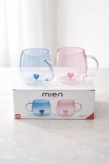 Mien İkili Cam Kupa Seti 250 ml – Kalpli Tasarım Mavi & Pembe Şık Kupa Takımı