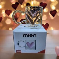 MİEN 400 ML Kalpli Şeffaf Cam Kupa – Pembe Kalp Detaylı