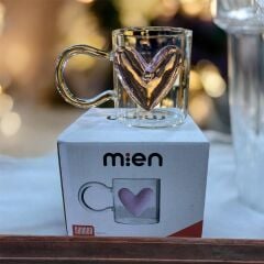 MİEN 400 ML Kalpli Şeffaf Cam Kupa – Pembe Kalp Detaylı