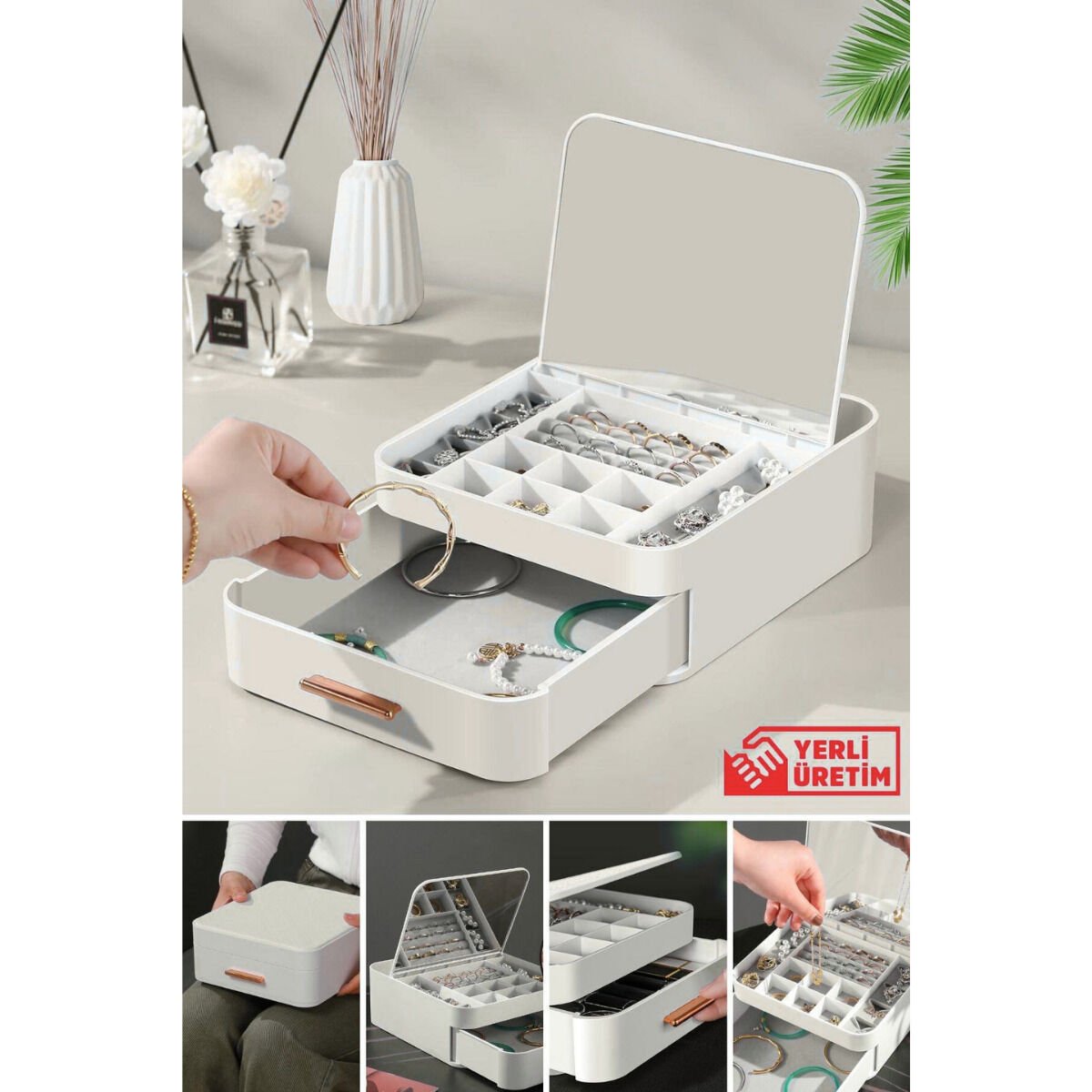 Urve House Çekmeceli Aynalı Çok Bölmeli Makyaj Takı Organizer Krem UR-3438