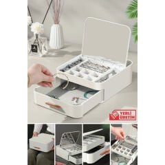 Urve House Çekmeceli Aynalı Çok Bölmeli Makyaj Takı Organizer Krem UR-3438
