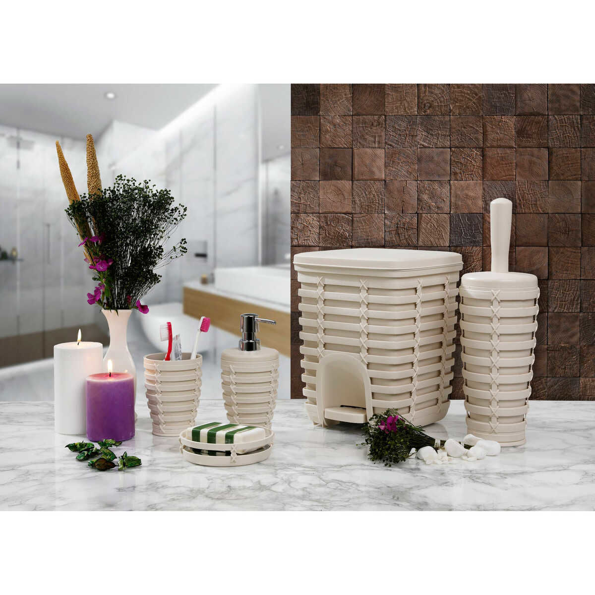 Primanova Palm 5 Li Banyo Seti Bej (plastik)