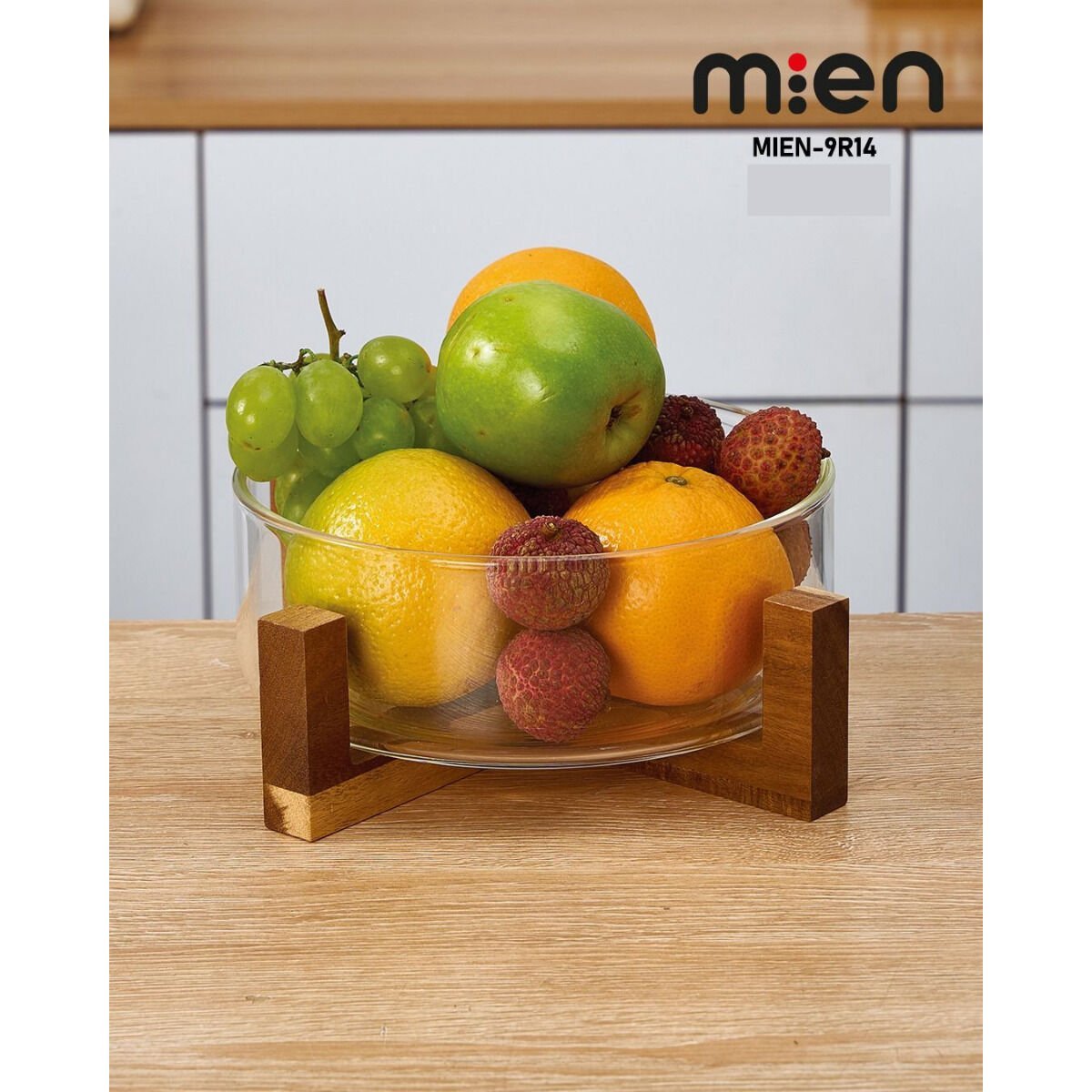 MİEN 20 cm Akasya Ahşap Standlı Borosilikat Cam Kase