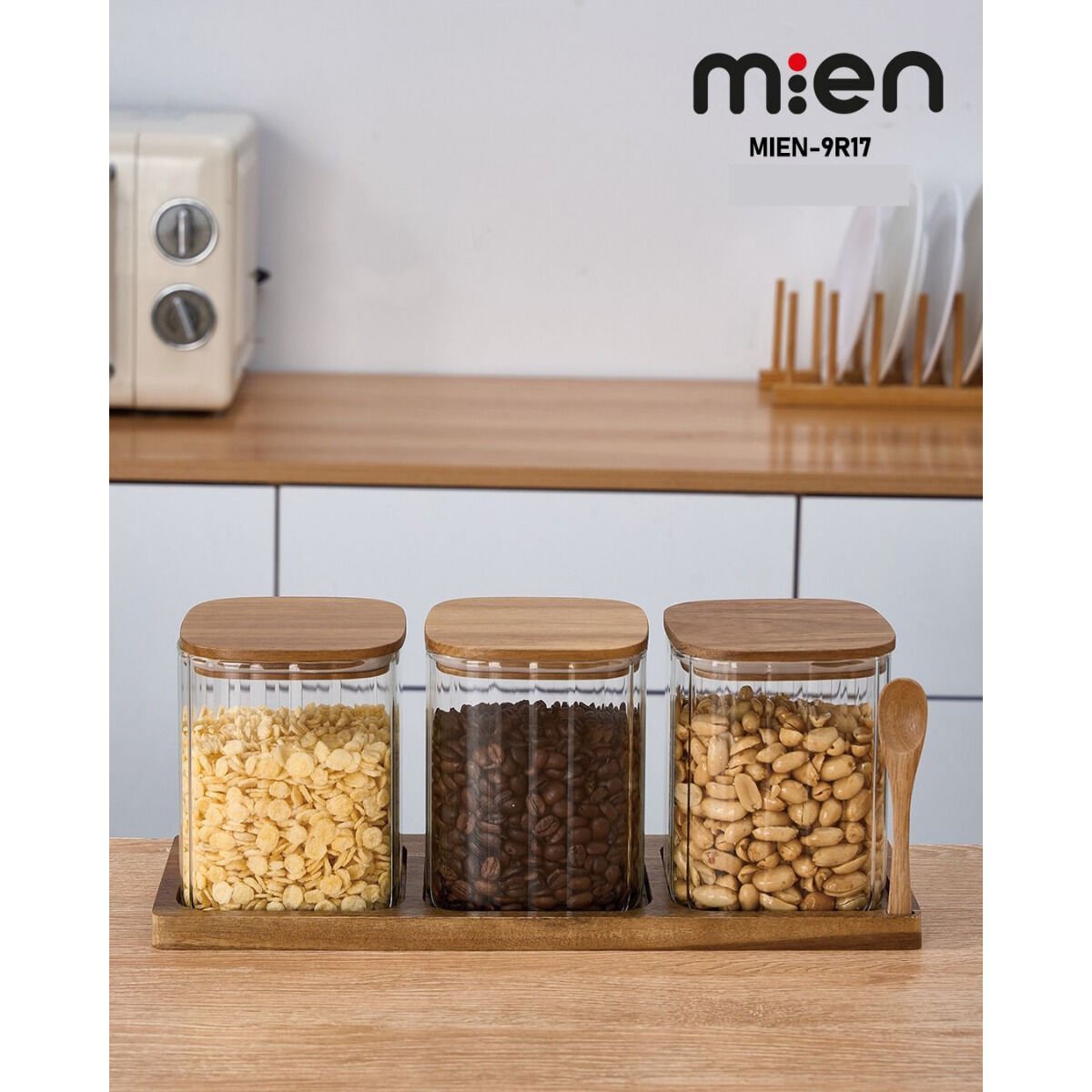 MİEN Akasya Ahşap Standlı 3’lü Çizgili Cam Baharatlık Seti – Kare – 750 ml