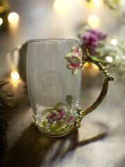 ROYKING Metal Kulplu Çiçekli Cam Kupa – 340 ml - YV247