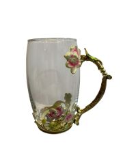 ROYKING Metal Kulplu Çiçekli Cam Kupa – 340 ml - YV247