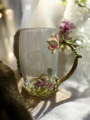 ROYKING Metal Kulplu Çiçekli Cam Kupa – 340 ml - YV247