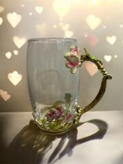 ROYKING Metal Kulplu Çiçekli Cam Kupa – 340 ml - YV247