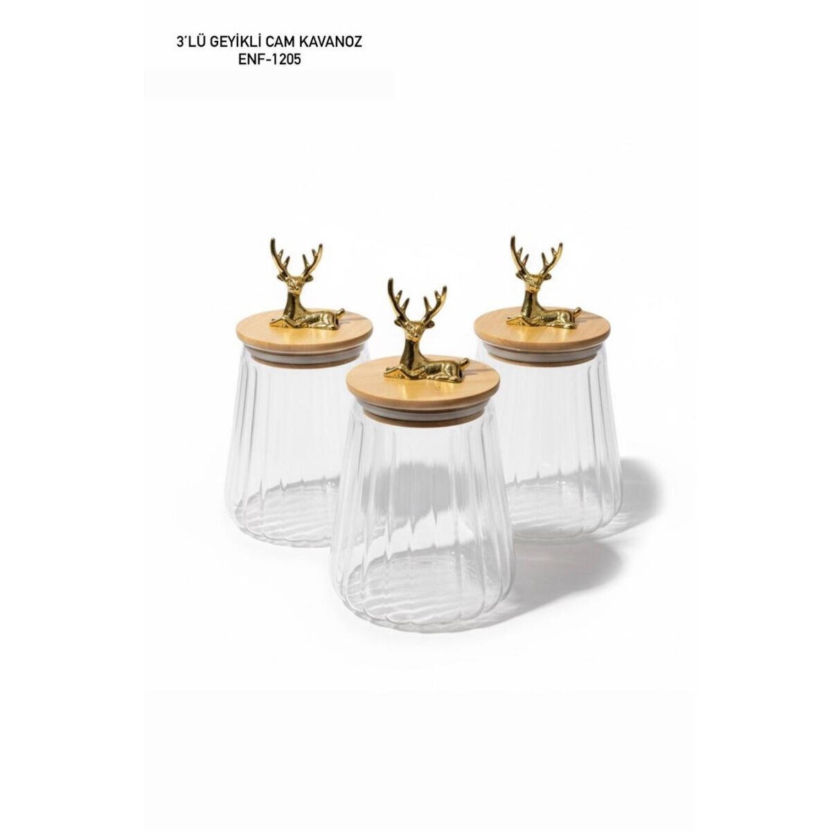 ENFA Geyikli Bambu Kapaklı 3’lü Cam Kavanoz Seti