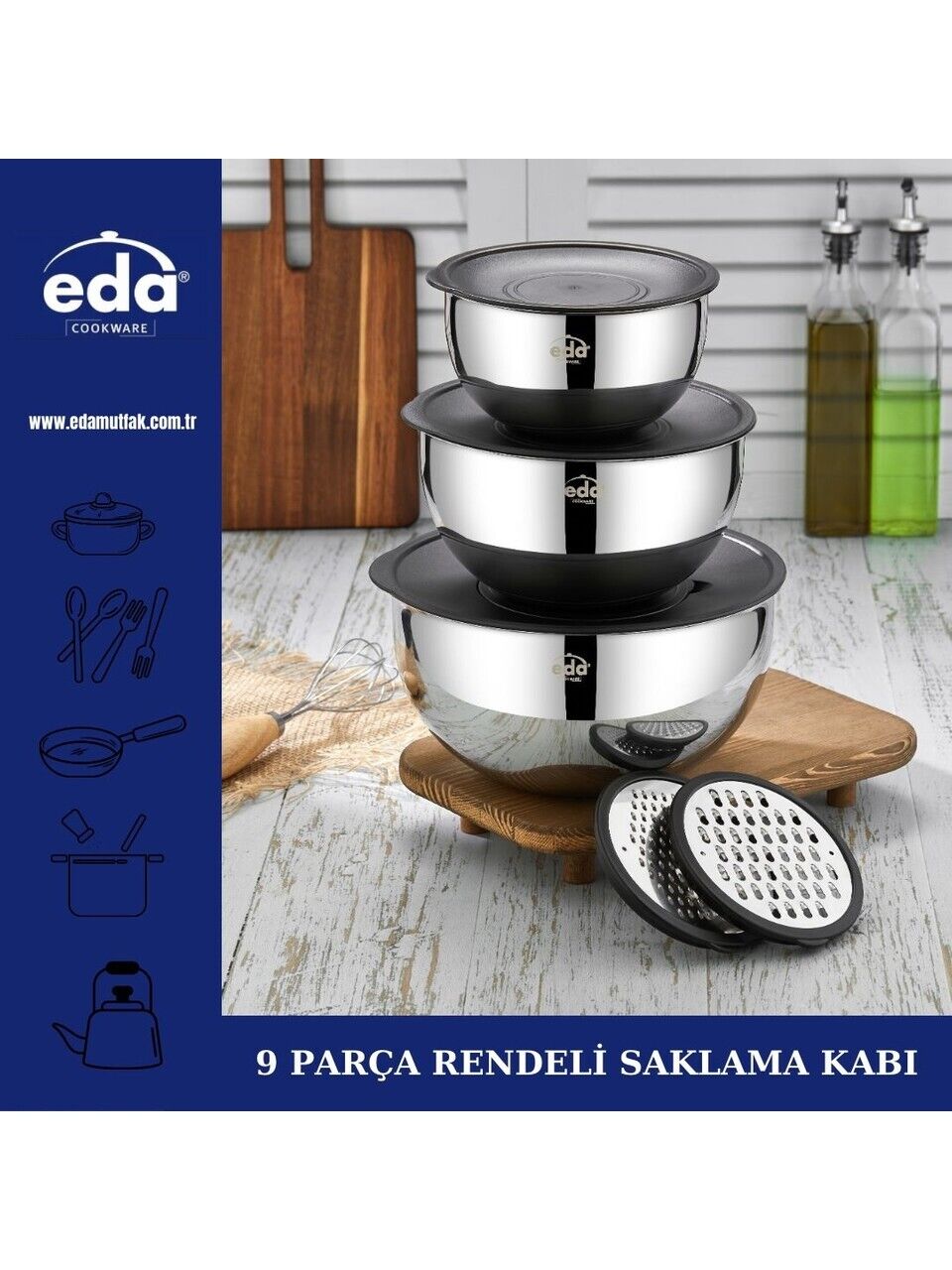 Eda Çelik 9 Parça Rendeli Saklama Kabı Seti 16-20-24 cm