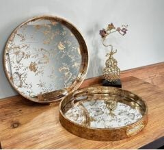 Beliza Eskitme Ahşap Kenarlı Aynalı Kelebek Desenli İkili Çay Tepsisi