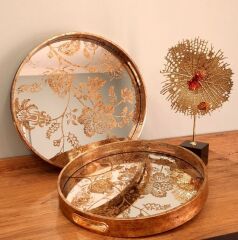 Beliza Eskitme Ahşap Kenarlı Aynalı Çiçek Desenli İkili Çay Tepsisi