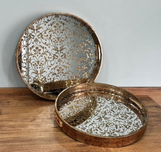 Beliza Eskitme Ahşap Kenarlı Aynalı Çiçek Desenli İkili Çay Tepsisi