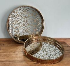 Beliza Eskitme Ahşap Kenarlı Aynalı Çiçek Desenli İkili Çay Tepsisi