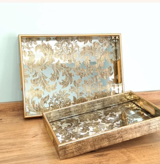 Beliza Ahşap Kenarlı Desenli İkili Servis Tepsi Seti