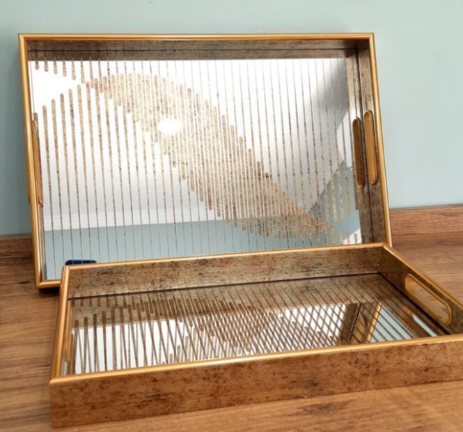 Beliza Ahşap Kenarlı Desenli İkili Servis Tepsi Seti