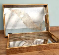 Beliza Ahşap Kenarlı Desenli İkili Servis Tepsi Seti