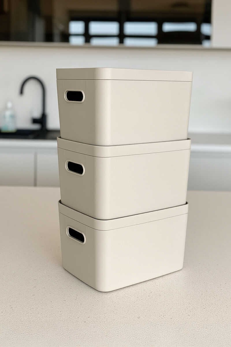 Primanova Linea 3'lü Dolap İçi Mutfak Çocuk Odası Raf Düzenleyici Saklama Kutusu - Bej