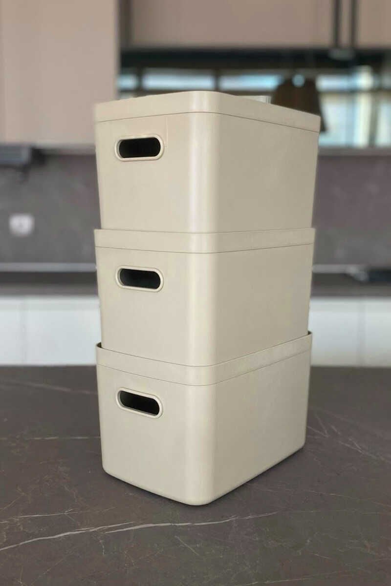 Primanova Linea 3'lü Dolap İçi Mutfak Çocuk Odası Raf Düzenleyici Saklama Kutusu - Kum Beji