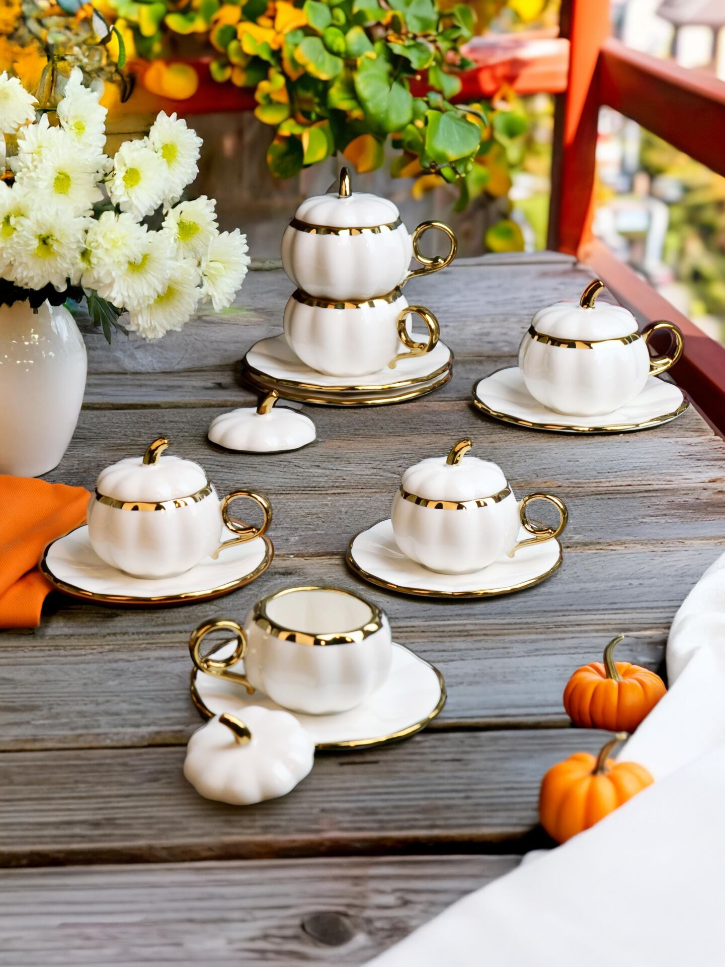 PAÇİ PUMPKIN Kabak Model Yaldızlı Beyaz 6’lı Türk Kahve Fincan Takımı – 100 ml